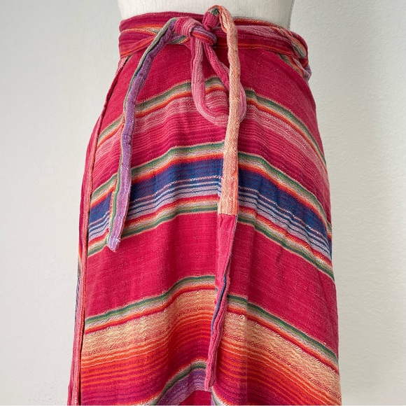 VINTAGE SARAPE COTTON WRAP SKIRT RAINBOW MULTICOLOR STRIPED MIDI - Picture 4 of 13